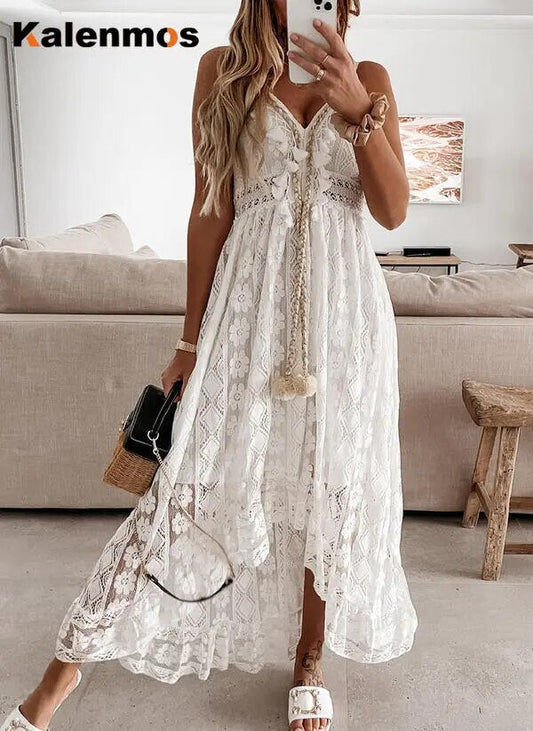 Long Dress Women Casual Dresses Maxi Vestidos Sleeveless Tassel Lace